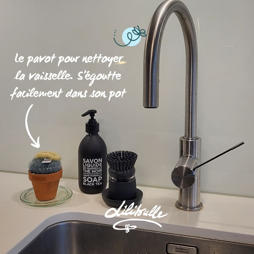 Une éponge PAVOT pour frotter votre vaisselle, l'éponge se range et s'égoutte dans son pot, sèche très vite. L'essayer, c'est l'adopter