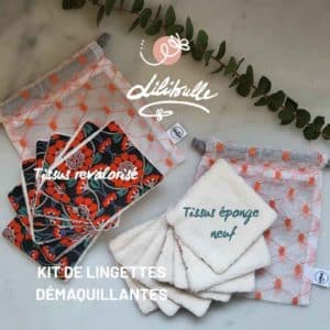 Joli KIT durable de 7 lingettes démaquillantes avec sa pochette. Pochette en tissus rideau revalorisé, tissus chemisier recyclé et tissus éponge OEKO TEXT NEUF tout doux pour vos yeux